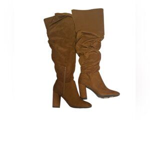 BAMBOO Brown Over the Knee Boots with Chunky Heel